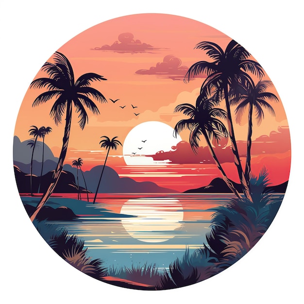 Tropical Beach Landscape Illustration Paradise in a Circle