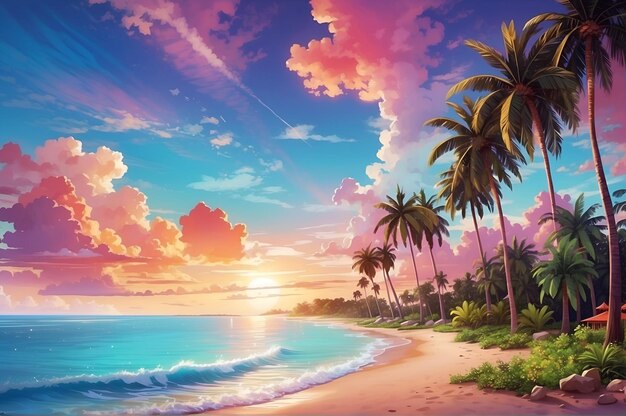 A tropical beach landscape painting with palm trees under a colorful sky