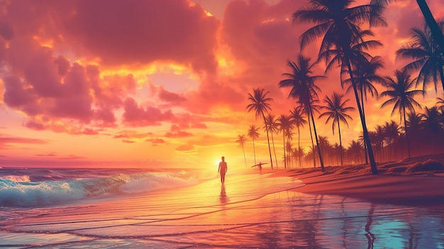 Tropical beach landscape with surfing girl and palms Generative AI