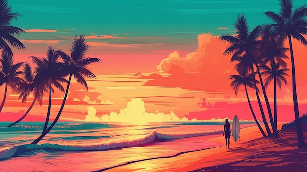 Tropical beach landscape with surfing girl and palms Generative AI