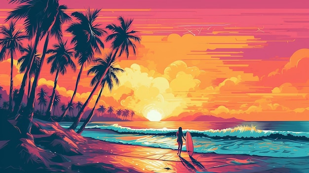 Tropical beach landscape with surfing girl and palms Generative AI