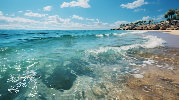 a tropical beach landscapes with cool water and palm trees in the style of light turquoise