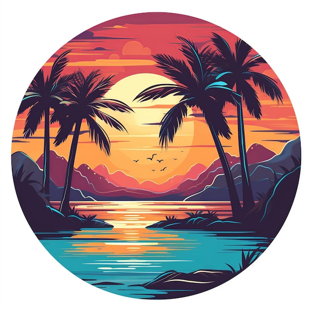 Tropical Beach Landschap Illustratie Paradijs in een cirkel