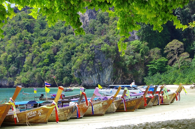 Tropical beach longtail boats Andaman Sea Thailand