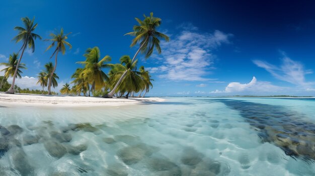 tropical beach in Maldives with few palm trees and blue lagoon