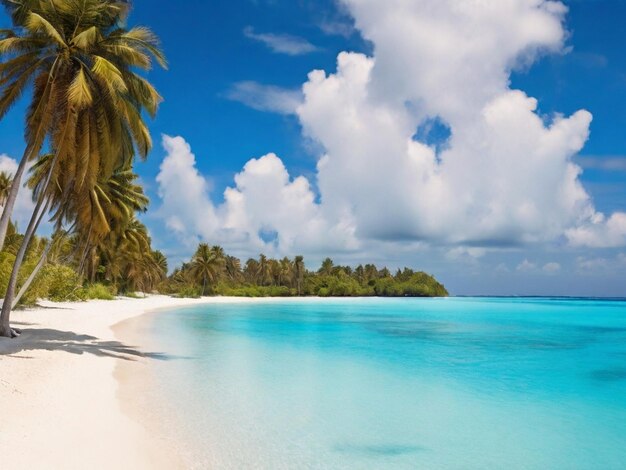 말디브 의 열대 해변 에서 몇 그루 의 종려나무 와 푸른 호수 가 있다