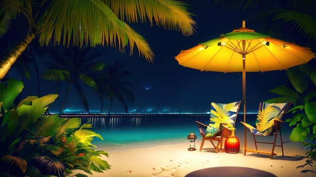 A tropical beach at night with a beach chair and a yellow umbrella