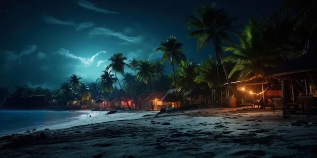 Тропический пляж ночью с пальмами и бунгало Морской пейзаж Генеративный ИИ