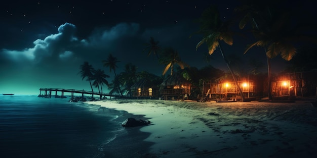 밤에는 종려나무와 방갈로가 있는 열대 해변 해경 생성 AI
