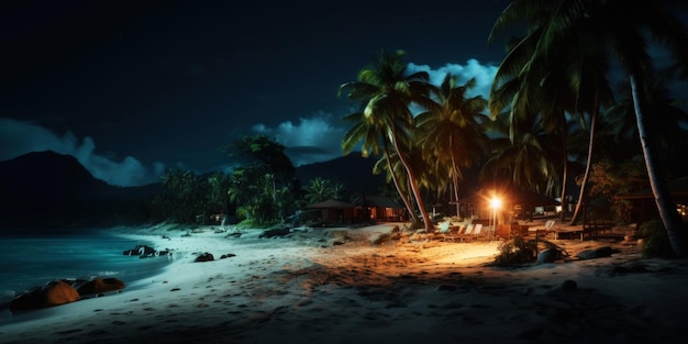 밤에는 종려나무와 방갈로가 있는 열대 해변 해경 생성 AI