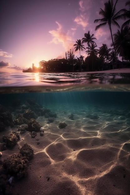 A tropical beach and the ocean at sunset