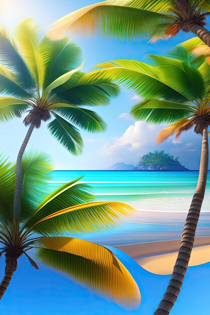 Тропические пляжные пальмовые листья кокосовой пальмы, покачивающиеся на ветру на летнем фоне голубого неба
