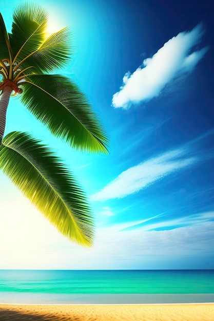 열대 해변 야자나무는 맑고 푸른 하늘 여름 배경에서 바람에 흔들리는 코코넛 나무를 남깁니다.