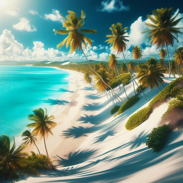 Tropical beach palm tree blue sky white clouds Summer vacation business travel conceptai generated