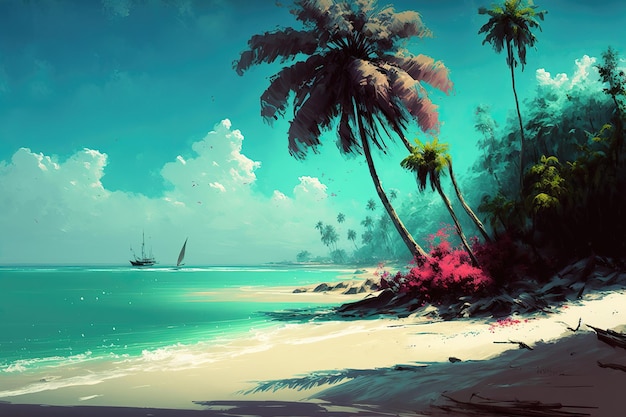 Тропическая пляжная пальма на берегу океана Морской прибой песчаный пляж Отдых на тропическом курорте