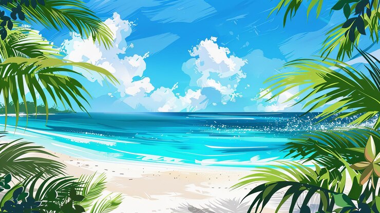 トロピカル・ビーチ・パラダイス (Tropical Beach Paradise) は旅行代理店リゾート観光スポットに最適で鮮やかな青い海の背景に手のひらで囲まれた白い砂が特徴です