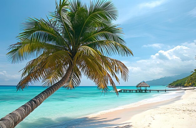 熱帯のビーチパラダイスで砂の岸に孤独なナツメヤシの木があり青い空の下に澄んだターコイズ色の海がありふわふわの雲があります