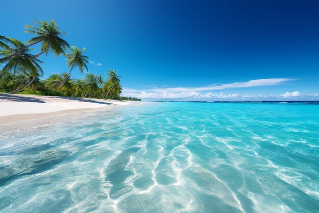 Foto un paradiso di spiaggia tropicale con palme e una serena laguna perfetta per una vacanza rilassante