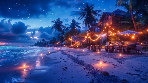 Tropical Beach Party at Sunset Vibrant Atmosphere Leisure and Relaxation Exotic Vacation Destination Scenic Coastal View