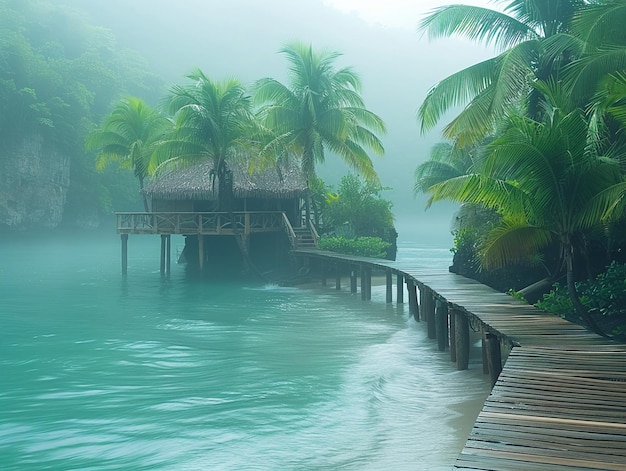 Tropical beach resort with palm trees swaying in a gentle breeze