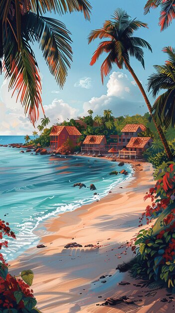 Foto resort tropicale sulla spiaggia con palme che ondeggiano nella brezza