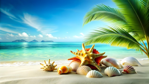 Photo tropical beach scene adorned with seashells