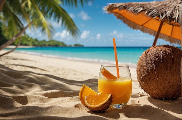Photo a tropical beach scene with orange juice ser