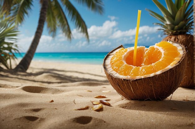 Photo a tropical beach scene with orange juice ser