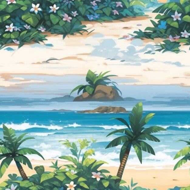 Tropical beach scene with palm trees and flowers on the shore generative ai