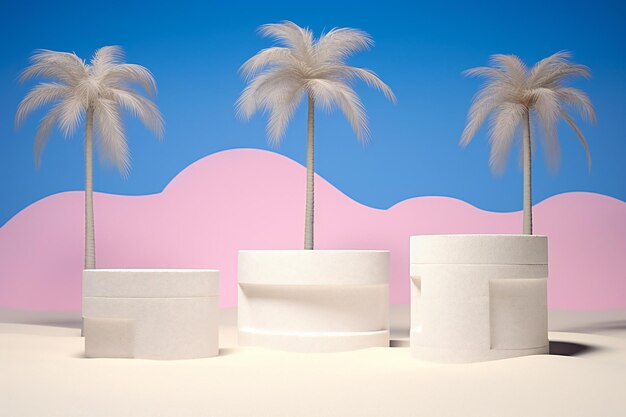 Tropical beach scene with palm trees and podiums