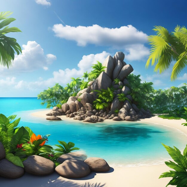Tropical beach sea shore with palm trees ocean shore with tropical growth 3d rendering