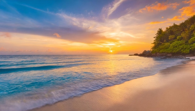 Tropical beach seascape golden orange sunset calm noise of sea waves