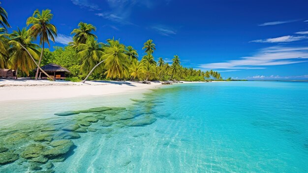 Tropical beach on small island with palm trees