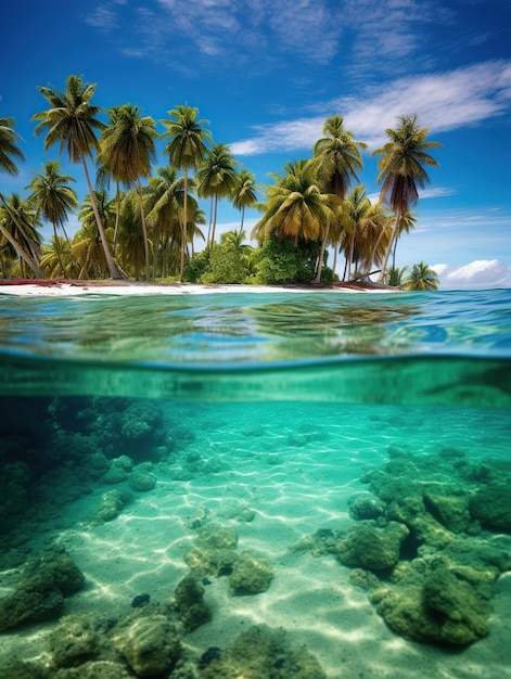 Tropical Beach on Small Island with Palm Trees