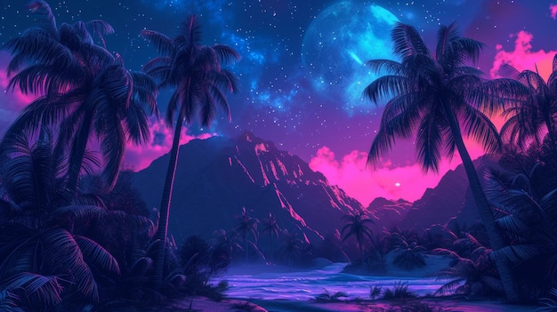 Tropical beach under a starry night sky