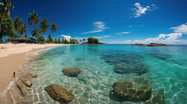 tropical beach in summer Beautiful beach with white sand turquoise sea green palm trees and blue sky with clouds on a sunny day