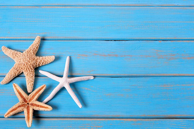 Photo tropical beach summer starfish blue wood background