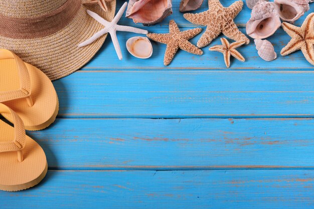 Tropical beach summer starfish flip flops background border