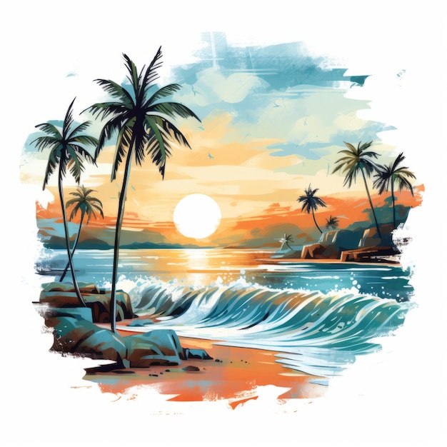 Tropical Beach Sunrise Painting With Palm Trees And Waves