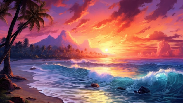 Tropical beach at sunset 3D rendering Computer digital drawing