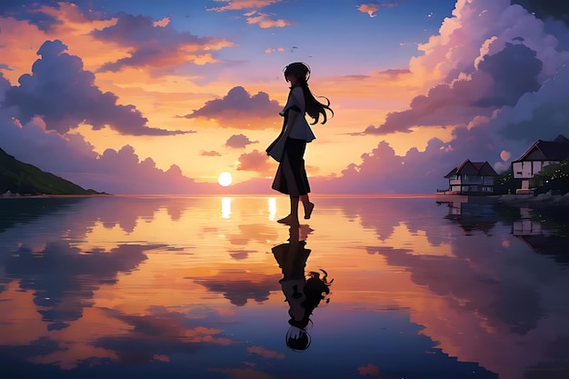 tropical beach sunset anime view