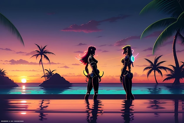 tropical beach sunset anime view