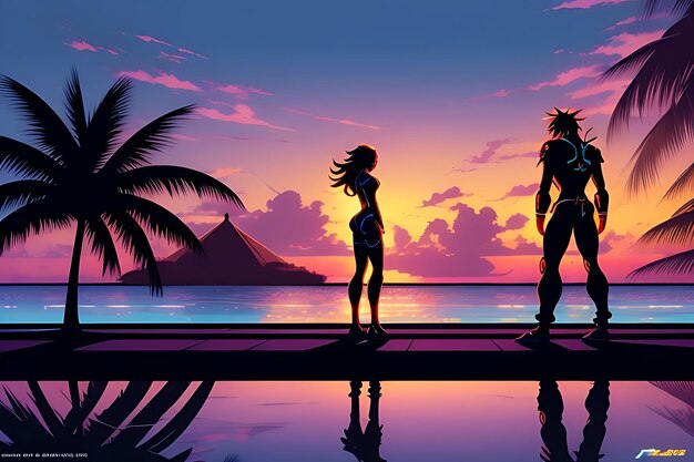 tropical beach sunset anime view