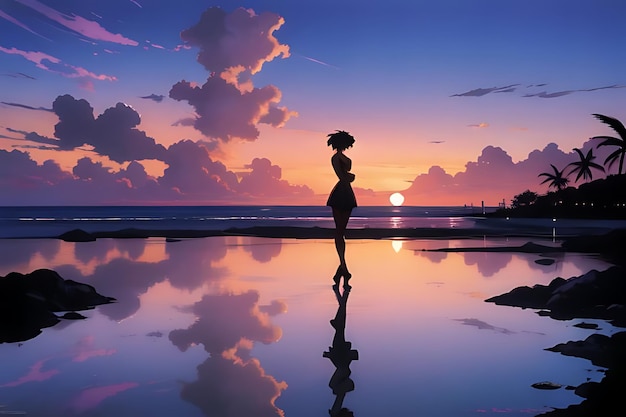 tropical beach sunset anime view