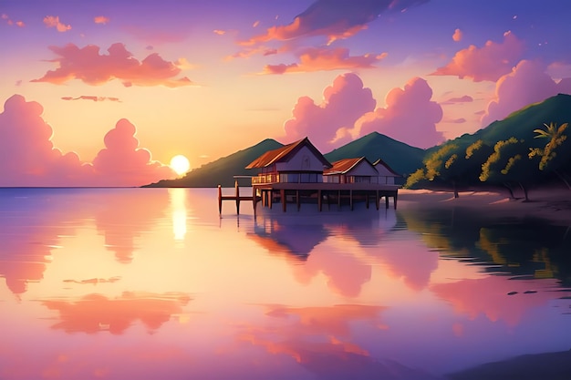 tropical beach sunset anime view