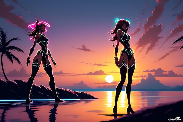 tropical beach sunset anime view