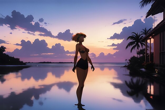 tropical beach sunset anime view