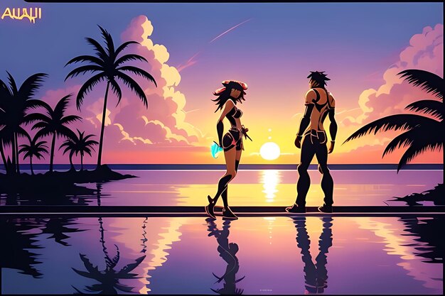 tropical beach sunset anime view