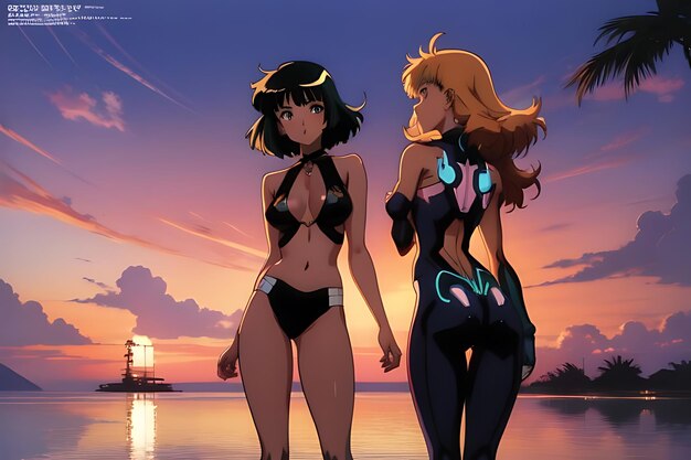 tropical beach sunset anime view