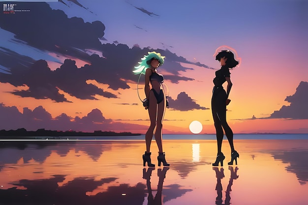 tropical beach sunset anime view